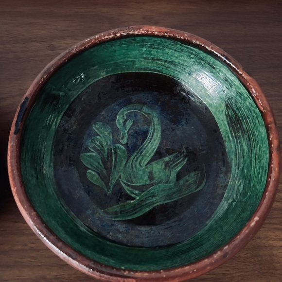 Vintage 2 Mexican Michoacan Patamban Redware Green Swan Glazed Bowl Folk Art - Picture 3 of 5
